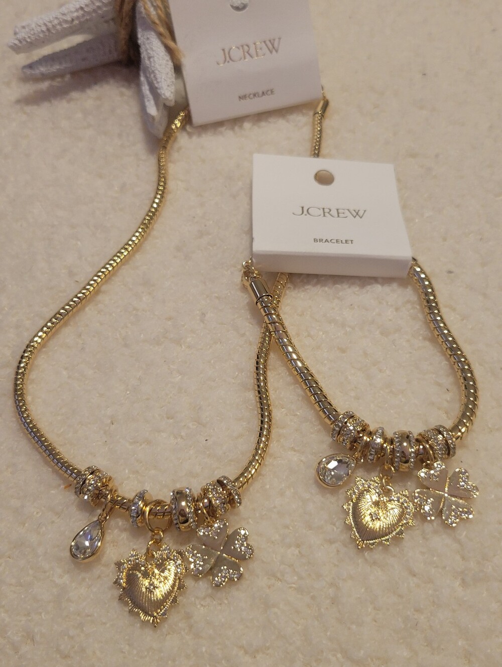 J. Crew Gold Tone Heart, Clover & Teardrop Charm Necklace And Bracelet Set
